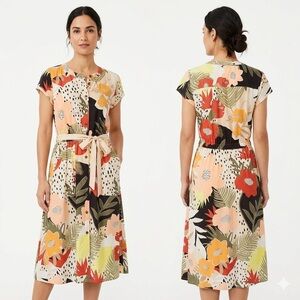 LOFT Botanical Floral Button-Front Tie-Waist Midi Dress